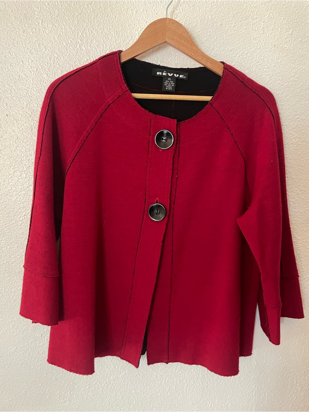 ReVue Red Button-Front Women's Cardigan Sweater Big Buttons 100% Wool Size XL
